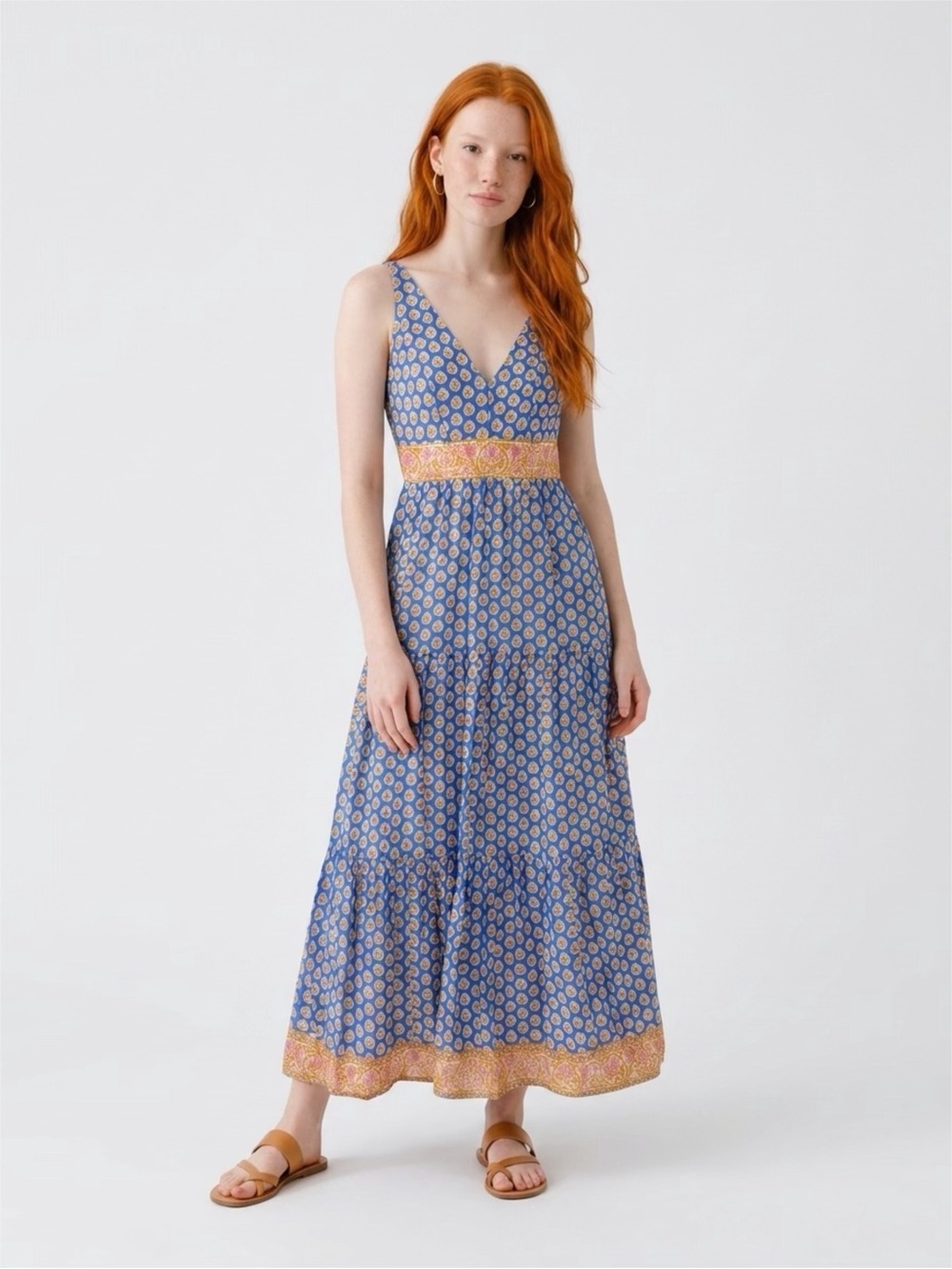 Point sur Blue Printed V-Neck Maxi Dress with Contrasting Yellow Waistband